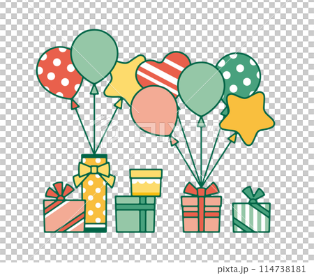 彩色氣球和禮物的柔和色彩線畫插圖素材 114738181