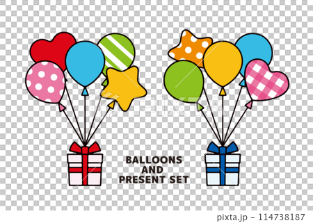 Cute line drawing illustration set of colorful balloons and gifts Cute line drawing illustration set of colorful balloons and gifts 114738187