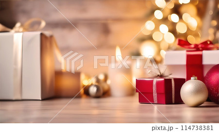 Christmas and New Year background with decoration. Cozy winter holiday composition. 114738381
