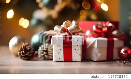 Christmas and New Year background with decoration. Cozy winter holiday composition. 114738382
