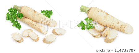 Parsley root with slices and leaves isolated on white background Parsley root with slices and leaves isolated on white background 114738707