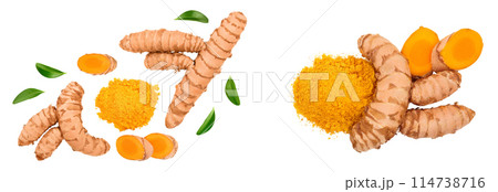 Turmeric powder and turmeric root isolated on white background. Top view. Flat lay 114738716