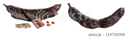 Ripe carob pods and bean isolated on white background with full depth of field 114738769
