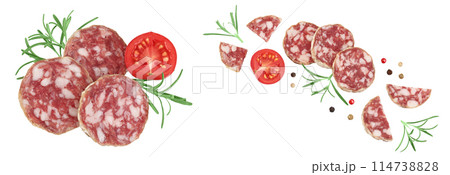 Cured salami sausage slices isolated on white background. Italian cuisine with full depth of field. Top view. Flat lay. Cured salami sausage slices isolated on white background. Italian cuisine with full depth of field. Top view. Flat lay. 114738828