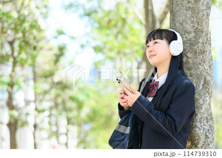 音楽を聴く女子高生　ヘッドフォン 114739310