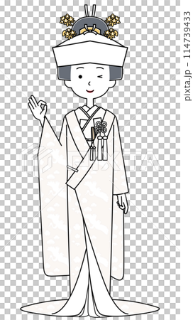 角隠し　白無垢を着た若い女性のイラスト　オッケーサイン 114739433