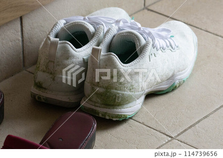 玄関に置かれた汚れた白いスニーカー 114739656