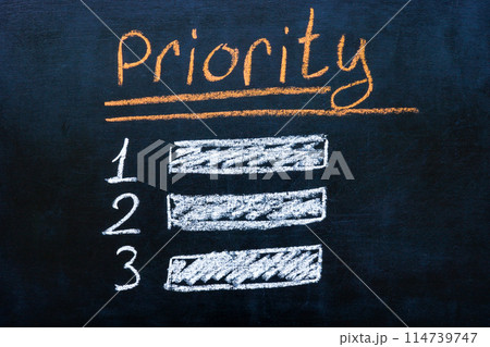 Inscription with chalk priority and list on the blackboard. Inscription with chalk priority and list on the blackboard. 114739747