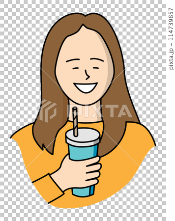 年輕微笑的女人用紙吸管喝冷飲 年輕微笑的女人用紙吸管喝冷飲 114739857