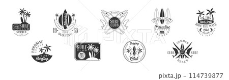 Hawaiian Beach Summer Adventure Logo Monochrome Design Vector Set Hawaiian Beach Summer Adventure Logo Monochrome Design Vector Set 114739877