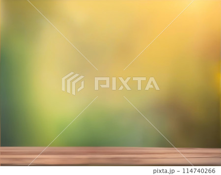 Empty wooden deck table over blurred nature background. Smooth stage for trendy product presentation. 114740266