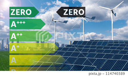 Renewable energy sources with energy label. Arrow points to Zero. Zero emission concept. 114740389
