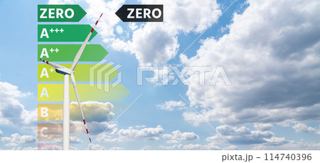 Renewable energy sources with energy label. Arrow points to Zero. Zero emission concept. 114740396