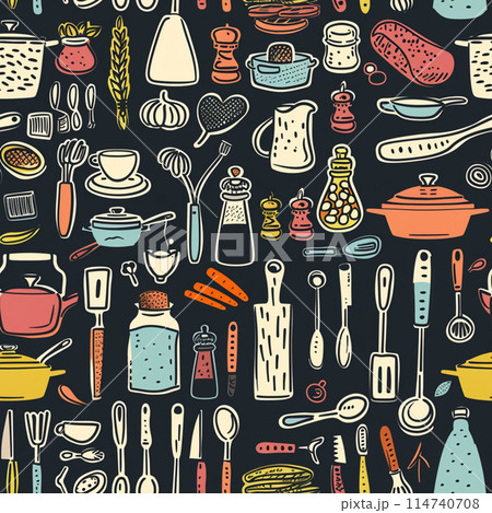 vector seamless pattern with kitchen utensils, cooking 114740708