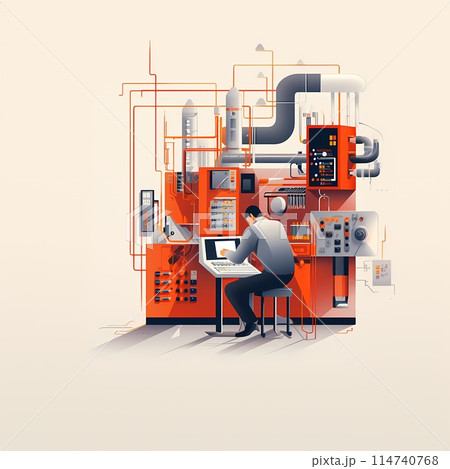 Industrial factory with man working on pipe	 114740768