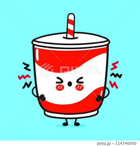 Angry Cold drink character. Vector hand drawn cartoon kawaii character illustration icon. Isolated on blue background. Sad Cold drink character concept Angry Cold drink character. Vector hand drawn cartoon kawaii character illustration icon. Isolated on blue background. Sad Cold drink character concept 114740930