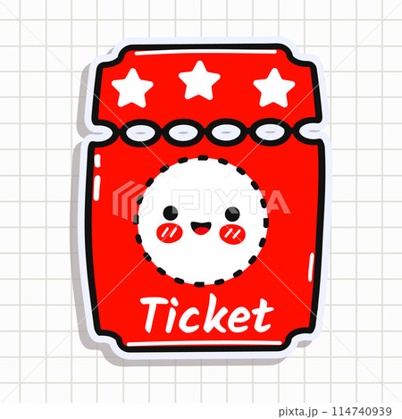 Cute funny Cinema ticket sticker. Vector hand drawn cartoon kawaii character illustration icon. Isolated on background. Cinema ticket card character concept 114740939