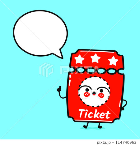 Cinema ticket with speech bubble. Vector hand drawn cartoon kawaii character illustration icon. Isolated on blue background. Cinema ticket character concept Cinema ticket with speech bubble. Vector hand drawn cartoon kawaii character illustration icon. Isolated on blue background. Cinema ticket character concept 114740962