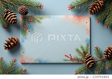 background of Christmas tree branches with pine cones 114741601