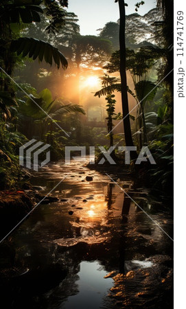 The sun sets above a river in the jungle, a picturesque natural landscape 114741769