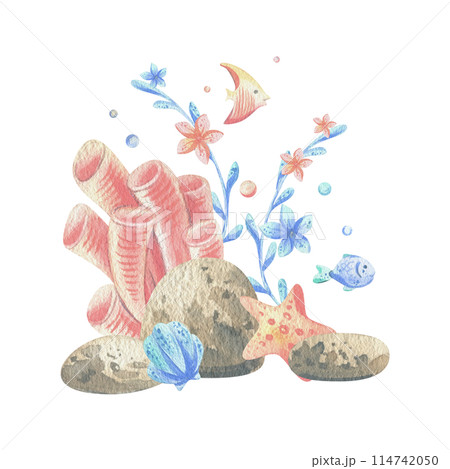Sea corals, algae, shells, starfish, fish, bubbles. Watercolor illustration hand drawn in coral, turquoise and blue colors. Composition isolated from the background 114742050