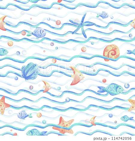 Sea waves, various fish, starfish, shells and bubbles. Hand drawn watercolor illustration in blue and coral colors. Seamless pattern, childish, cute, gentle, simple for textiles and nursery decoration 114742056