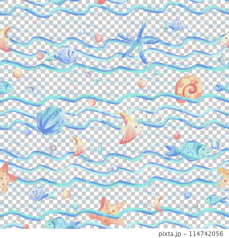 Sea waves, various fish, starfish, shells and bubbles. Hand drawn watercolor illustration in blue and coral colors. Seamless pattern, childish, cute, gentle, simple for textiles and nursery decoration 114742056