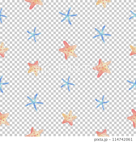 Starfish, oceanic underwater coral reef animals. Watercolor illustration, hand drawn in pastel colors: blue, turquoise, mint, pink, peach, coral. Seamless simple pattern children's 114742061
