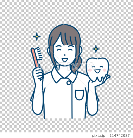 Illustration of a dentist and female dental hygienist recommending tooth brushing 114742087