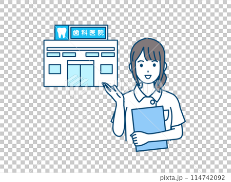 病院の案内をする歯医者、歯科衛生士の女性のイラスト 114742092
