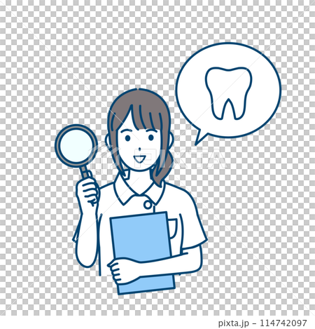 Illustration of a dentist checking teeth, recommending regular checkups, and a female dental hygienist 114742097