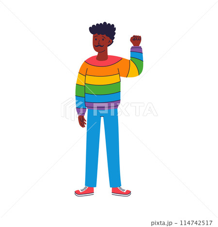 A dark-skinned man in a rainbow shirt shows a clenched fist 114742517