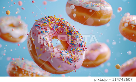 close-up of donuts with various toppings like sprinkles and glaze floating, set against a solid soft blue background, capturing the fun and colorful appeal of sweet treats 114742607