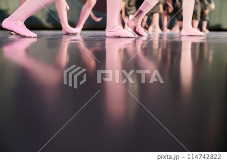 A group of children, many legs are standing on the stage. Children performing art on stage. Classical choreography of children, with space to copy. High quality photo 114742822