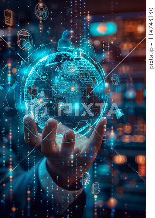 Selective focus of A businessman is holding a hologram showing a digital globe consisting of technology and social icons. 114743130