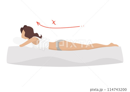 Incorrect sleeping body posture. Not healthy sleeping position spine in various mattresses and pillow. Caring for health of back, neck. Vector illustration Incorrect sleeping body posture. Not healthy sleeping position spine in various mattresses and pillow. Caring for health of back, neck. Vector illustration 114743200