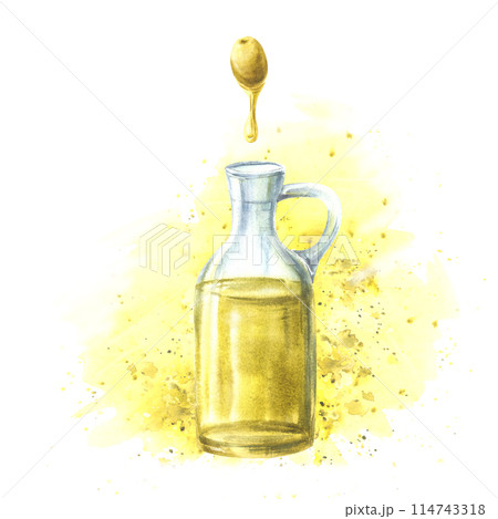Olive oil in glass bottle. Olive berry fruit with a drop of oil on watercolor stain splashes background. Hand drawn food illustration. For cooking fat vegetable sauce labels, menu. Isolated clipart 114743318