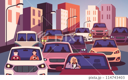 Cars with people stuck in traffic. Drivers and passengers, front view, urban transport collapse, waiting for movement, city landscape cartoon flat isolated illustration, tidy vector concept 114743403