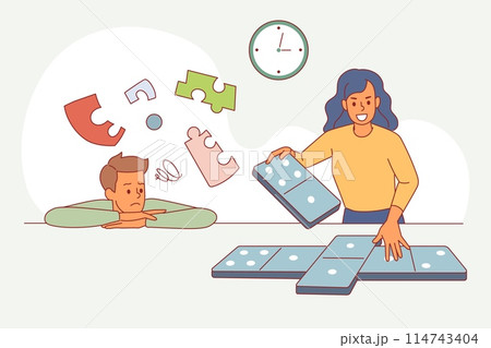 Cartoon couple solves puzzles. Guy thinking about task, happy girl playing dominoes, colored pieces of abstract shapes, logical board game, hobby brain training vector isolated concept 114743404