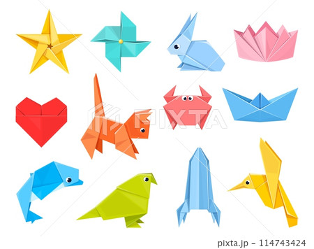 Colorful origami elements. Folded colored paper sheets, polygonal geometric shapes, japanese art and hobby, animals and objects, ship and bird, vector cartoon flat isolated set Colorful origami elements. Folded colored paper sheets, polygonal geometric shapes, japanese art and hobby, animals and objects, ship and bird, vector cartoon flat isolated set 114743424
