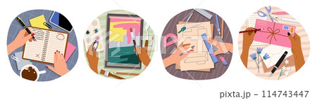 Human hands hold writing and drawing supplies. People draw, write and take notes, top view of desktop, office supplies, creative hobbies, cartoon flat style isolated, tidy vector set Human hands hold writing and drawing supplies. People draw, write and take notes, top view of desktop, office supplies, creative hobbies, cartoon flat style isolated, tidy vector set 114743447