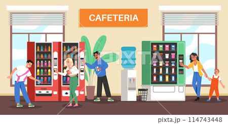People use vending machines. Parents with children buy soda and snacks, automatic products sale, business and service, cafeteria interior, cartoon flat style isolated tidy vector concept 114743448