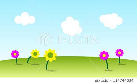 landscape cartoon scene. colorful flower on green hill with white cloud and blue sky 114744034