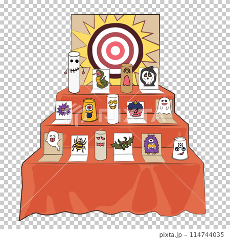 A handmade shooting gallery with targets of ghosts and monsters. Hand-drawn illustration 114744035