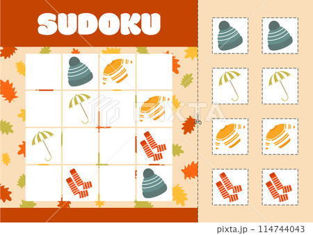 Sudoku with pictures on the theme of autumn. Children's logic puzzle game. Vector illustration 114744043