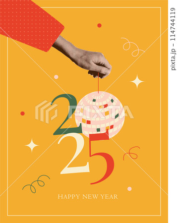 Christmas banner with halftone collage hand holding disco ball hanging on string with numbers 2025. Trendy muted vintage retro New year greeting card. Vector illustration with cut out zine shape 114744119