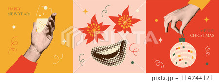 Christmas halftone collage square posters set. Hand holding glass of Champagne, shining disco ball, female smiling mouth with poinsettia. Muted retro cards, postcards. Flat vector illustration 114744121