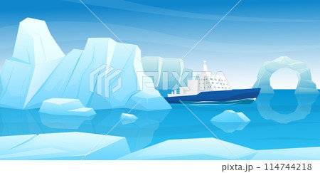 Arctic island landscape. Icebergs sticking out of water. Cold ocean mountains. Polar or Antarctic background. Winter scenery. Icebreaker ship journey. Scenic seascape. Vector concept Arctic island landscape. Icebergs sticking out of water. Cold ocean mountains. Polar or Antarctic background. Winter scenery. Icebreaker ship journey. Scenic seascape. Vector concept 114744218