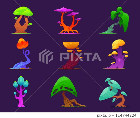 Cartoon fantasy trees. Magic forest plants. Colorful foliage crowns and trunks. Luminous leaves. Unusual flora. Alien greenery. Mystical garden. Fairytale botanical objects vector set Cartoon fantasy trees. Magic forest plants. Colorful foliage crowns and trunks. Luminous leaves. Unusual flora. Alien greenery. Mystical garden. Fairytale botanical objects vector set 114744224