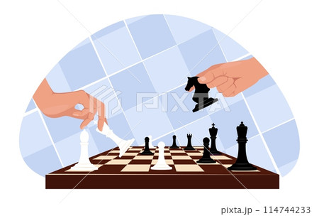 Hands move chess pieces around board. Knight figure. Strategy game. Two sides confrontation. Competitive battle. Attempt to beat opponent. Chessboard with pawn and rook. Vector concept Hands move chess pieces around board. Knight figure. Strategy game. Two sides confrontation. Competitive battle. Attempt to beat opponent. Chessboard with pawn and rook. Vector concept 114744233